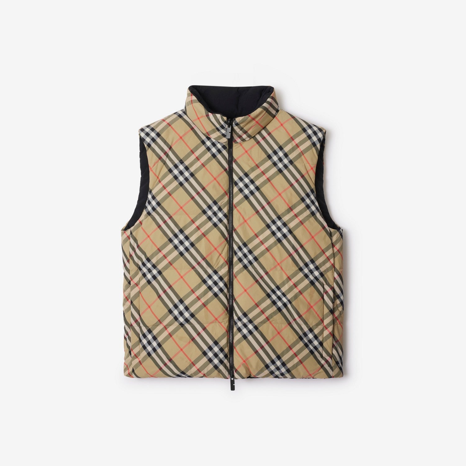 Reversible Check Nylon Padded Gilet - Sand