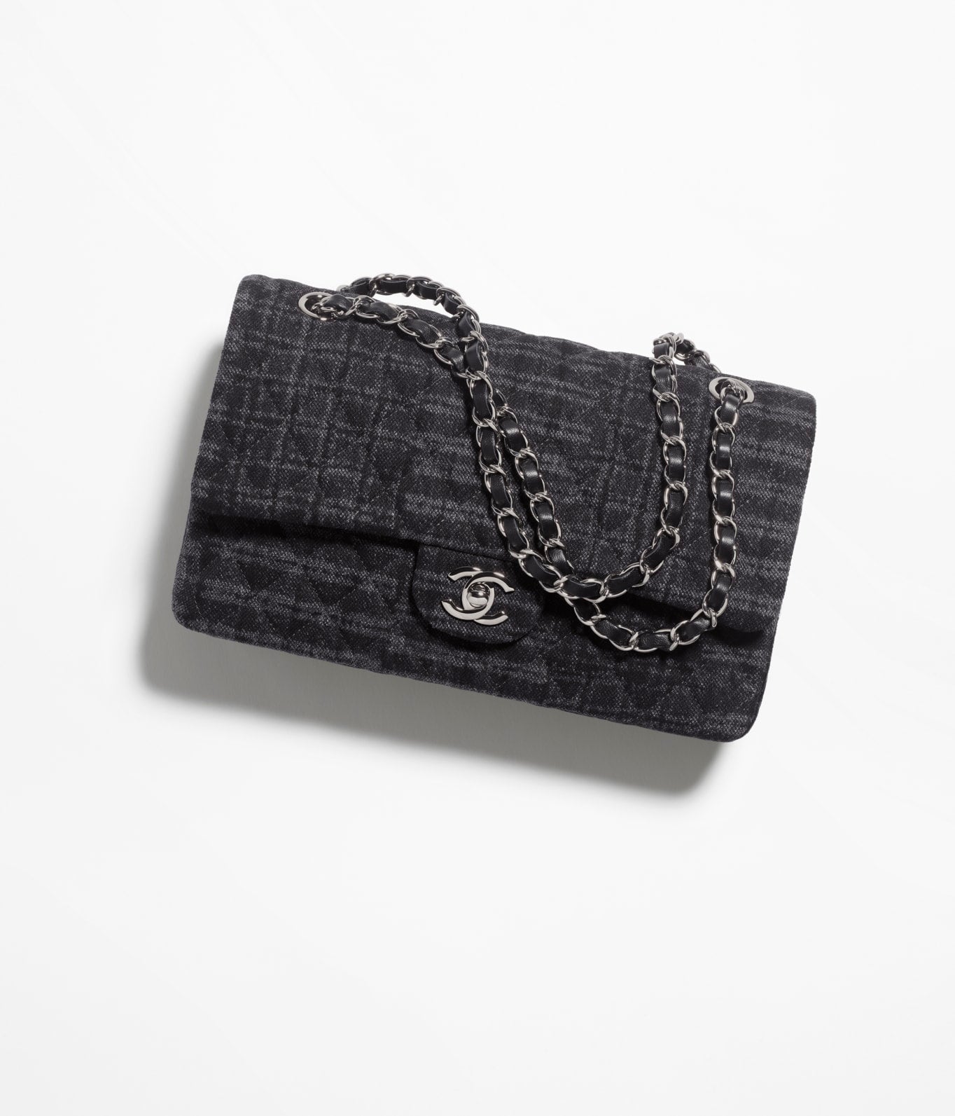Chanel Double Flap Shoulder Bag Gray Printed Denim