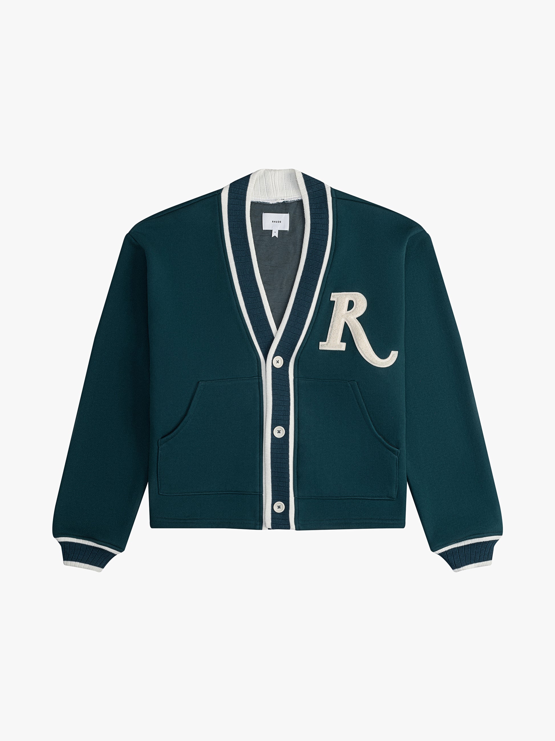R-PATCH TERRY CARDIGAN - TEAL/CREAM