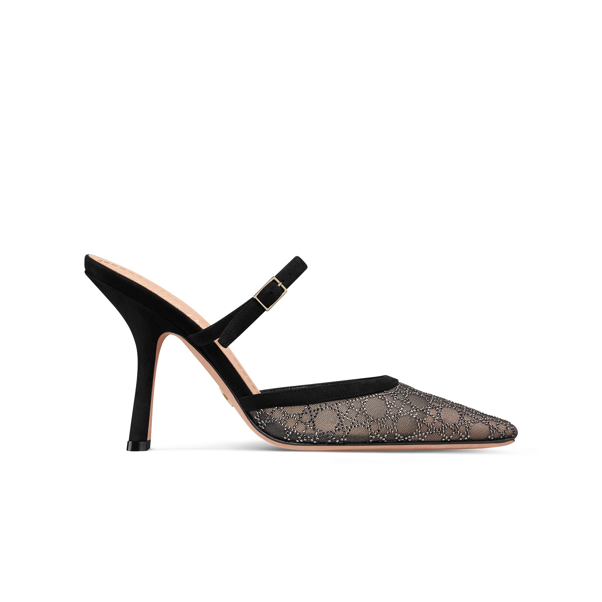 Dior Capture Heeled Mule - Transparent Mesh with Silver-Tone Strass Cannage Motif and Black Suede Goatskin