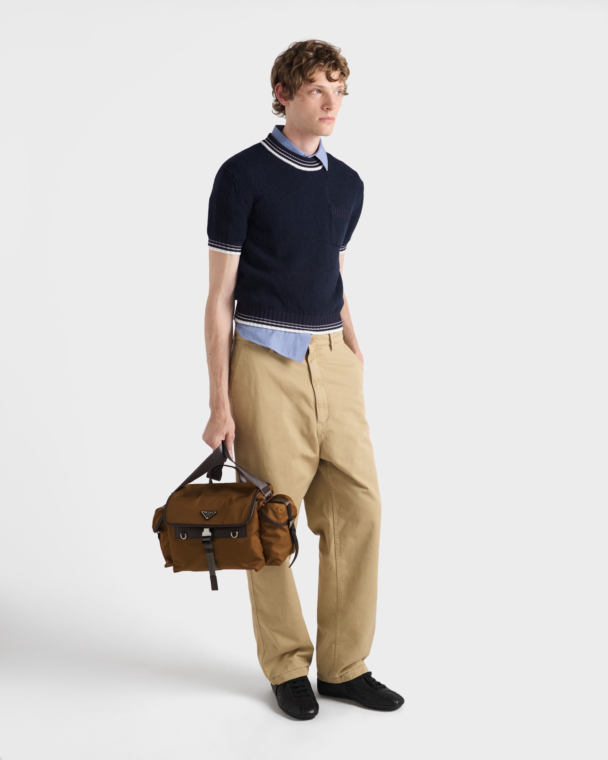 Re-Nylon and leather shoulder bag Brandy