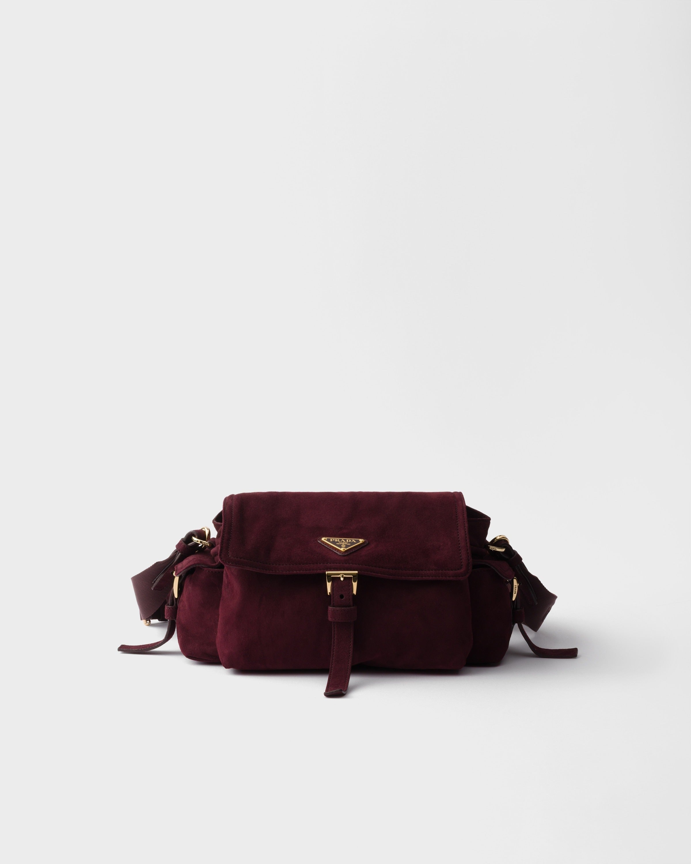 Prada Explore medium suede shoulder bag with flap Burgundy