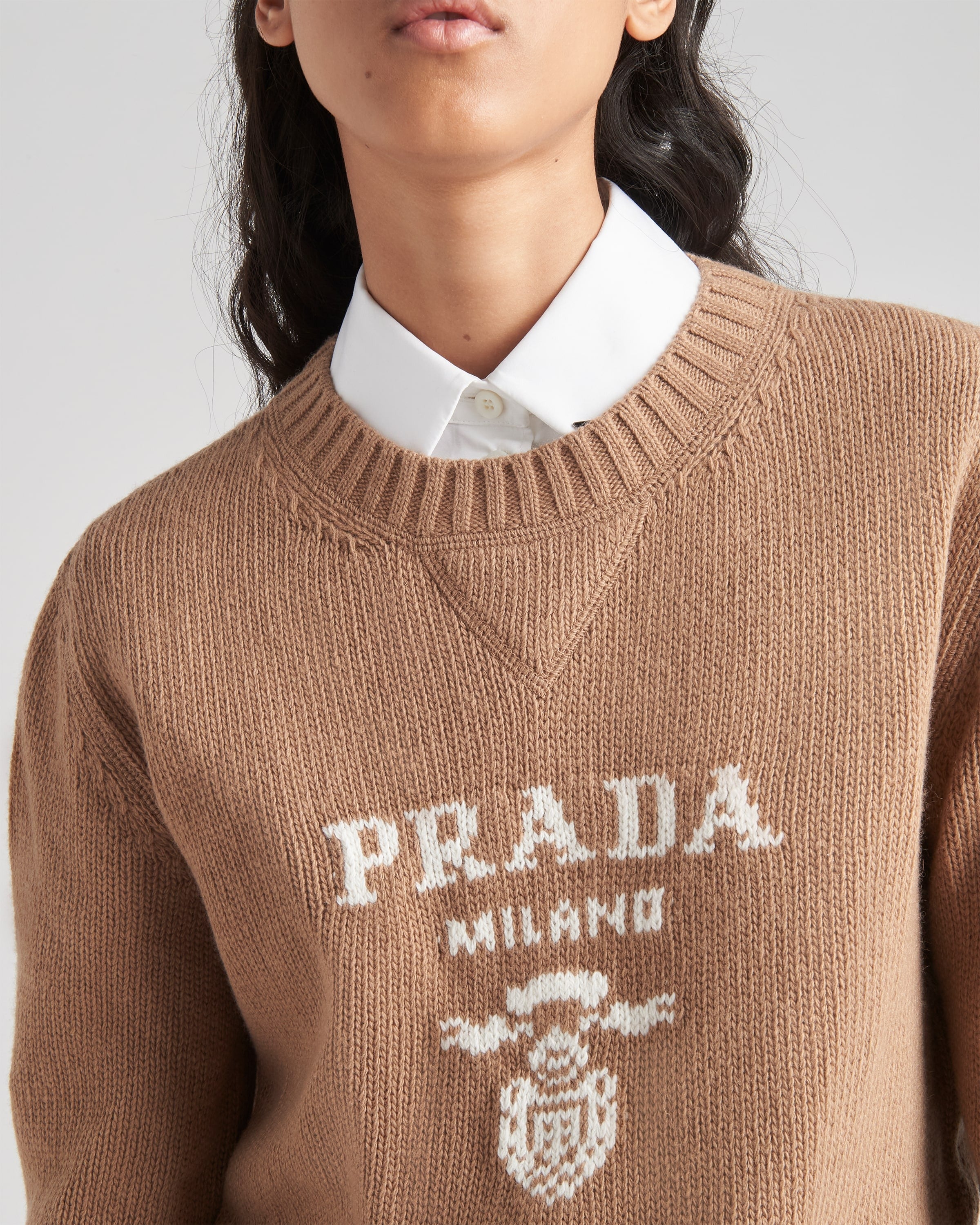 Cashmere and wool Prada logo crew-neck sweater Camel Brown