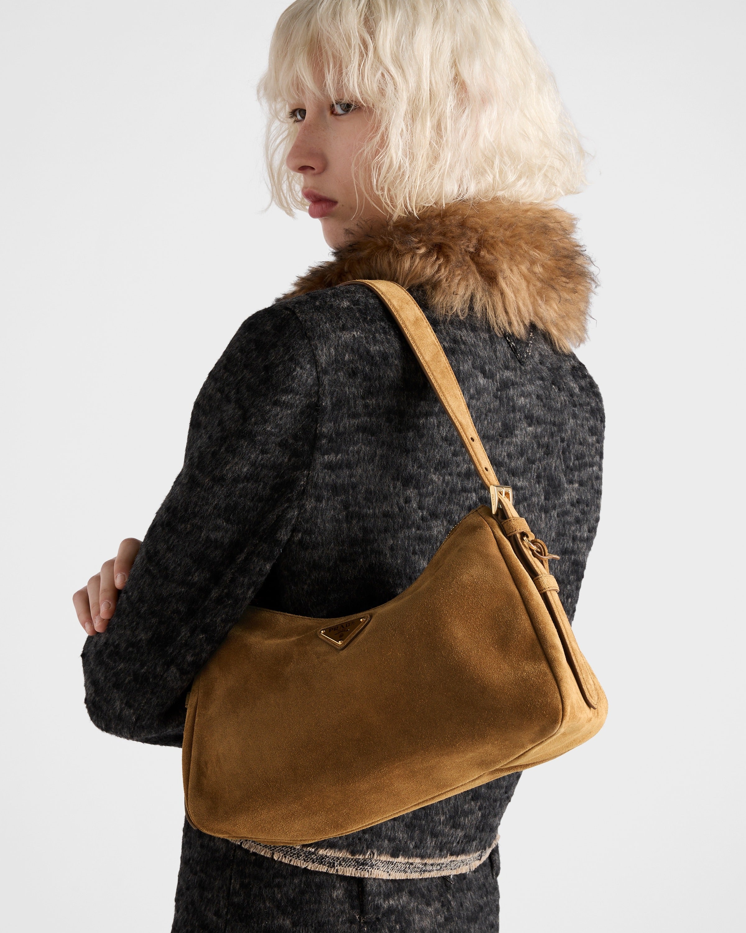 Prada Aimée medium suede shoulder bag Cinnamon