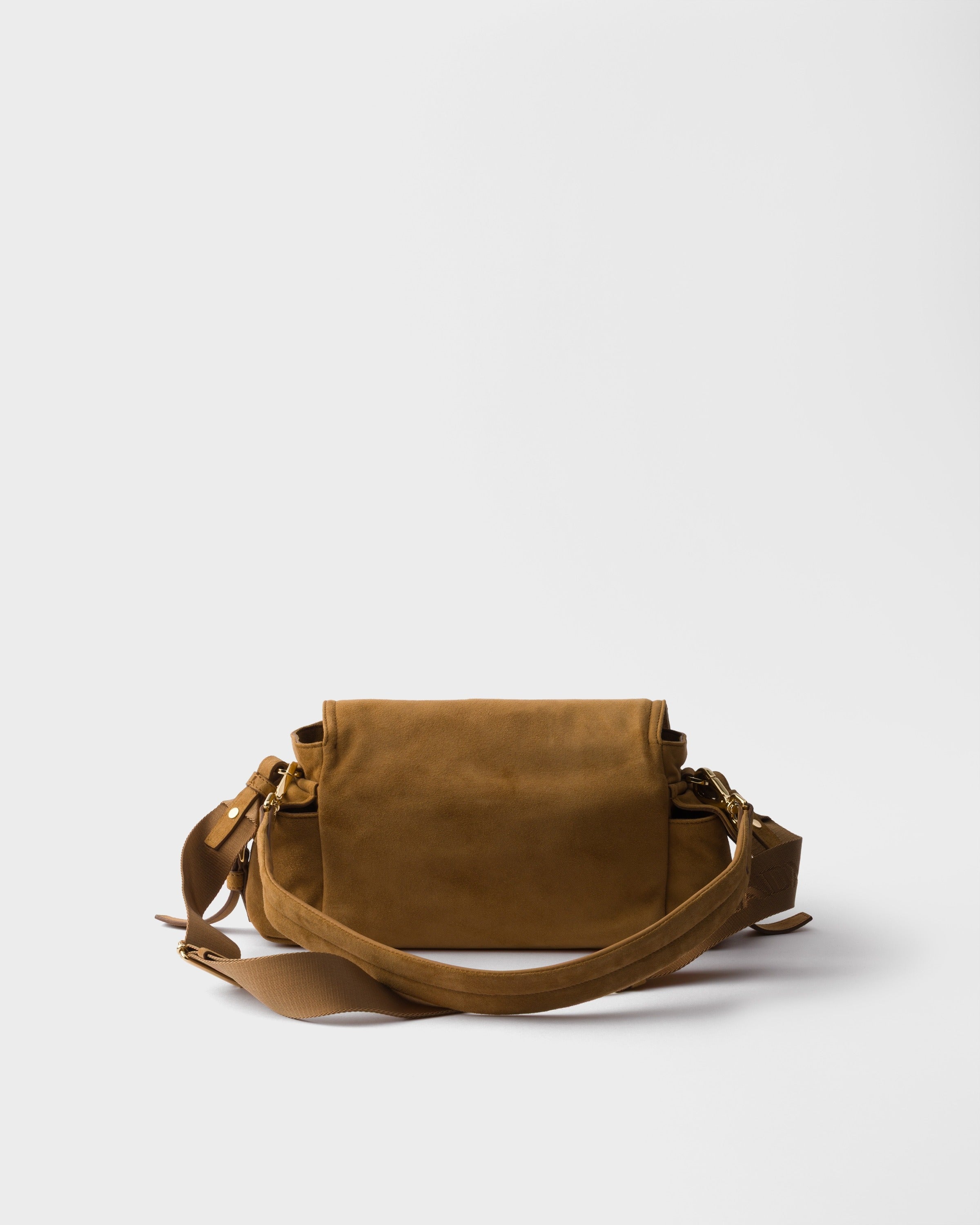 Prada Explore medium suede shoulder bag with flap Cinnamon