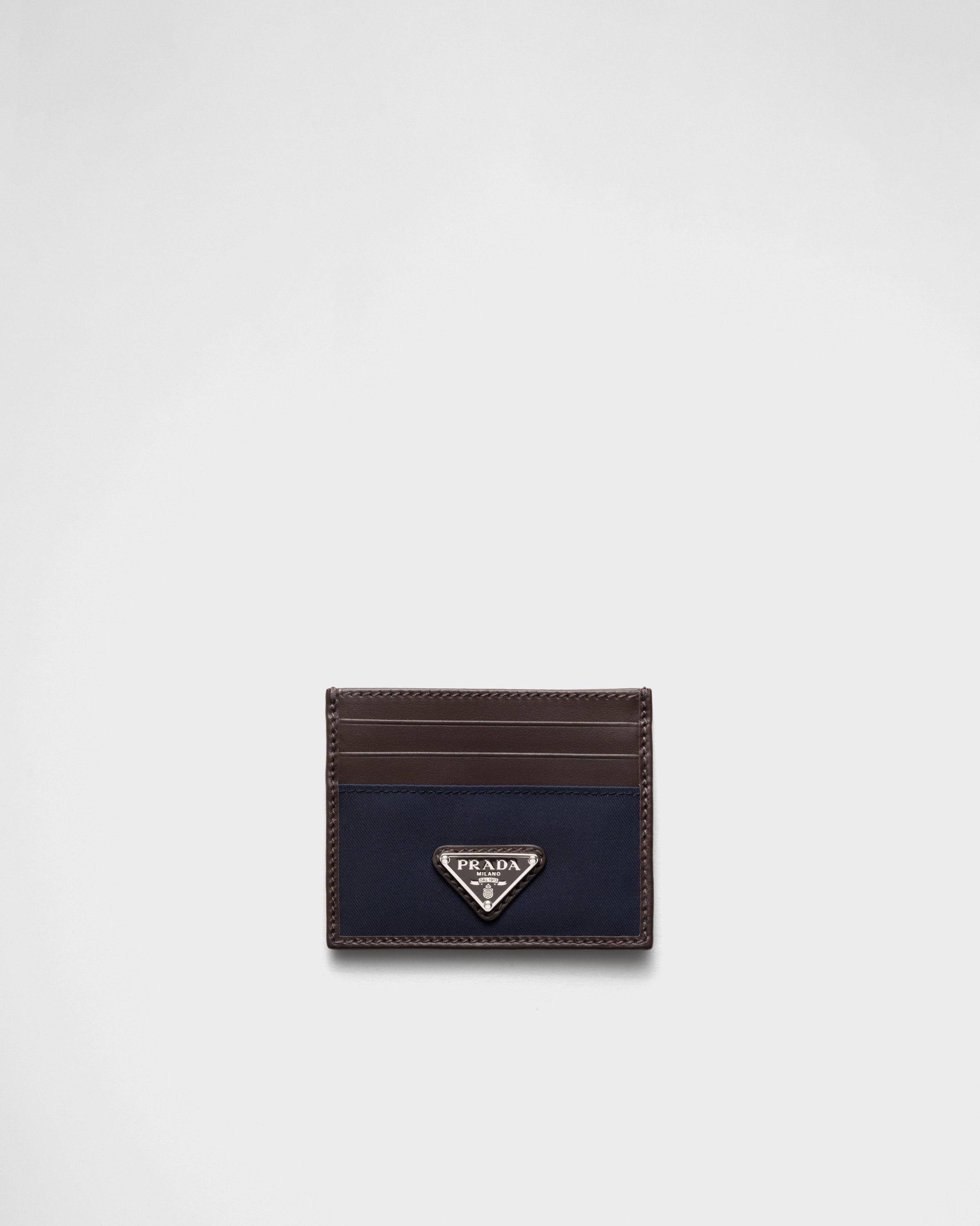 Re-Nylon and leather card holder Blue/Coffee