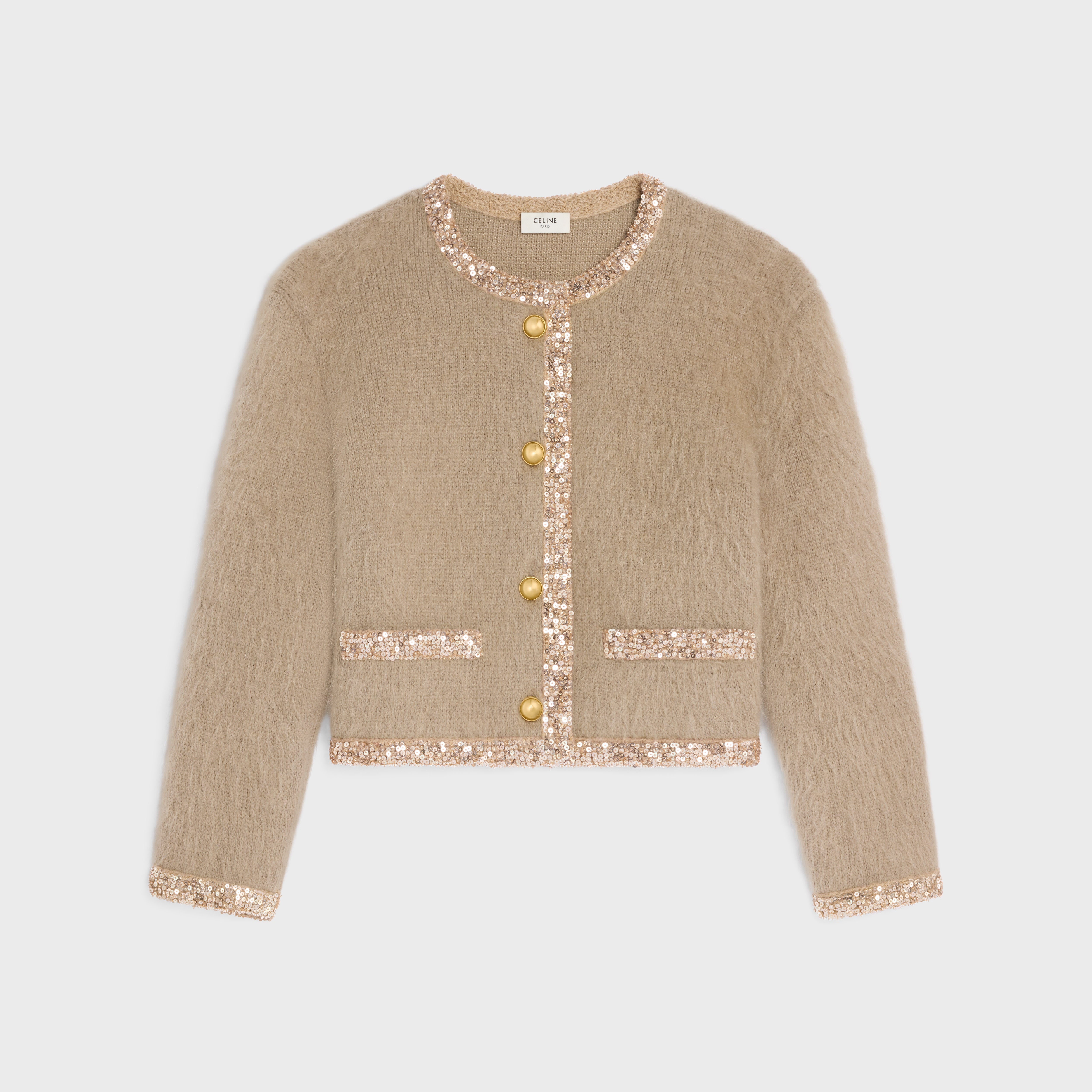 EMBROIDERED CARDIGAN JACKET IN BRUSHED MOHAIR - TAUPE