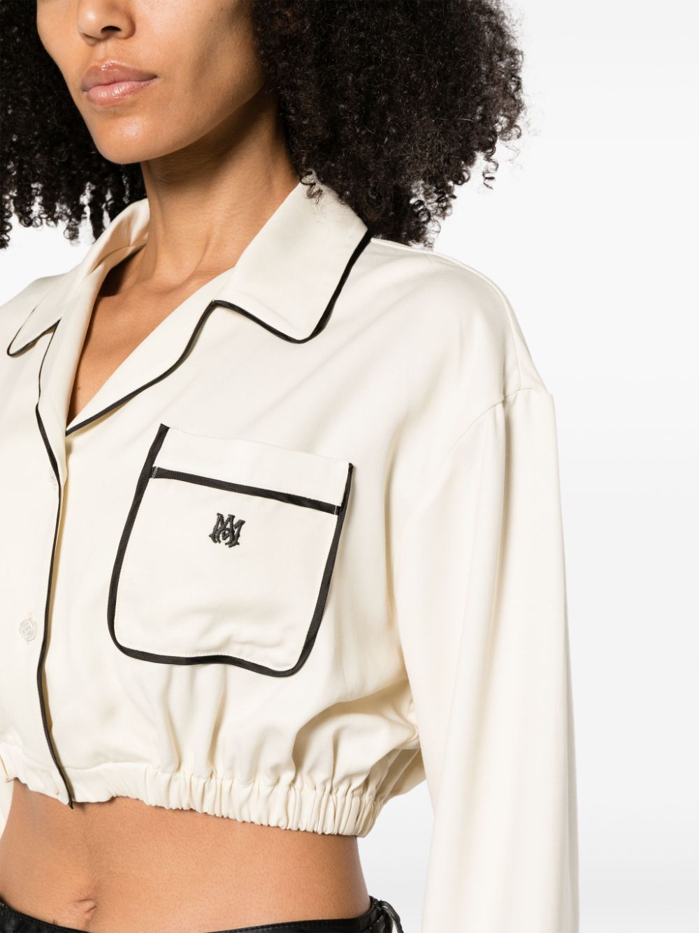 Logo-embroidered satin-finish cropped shirt