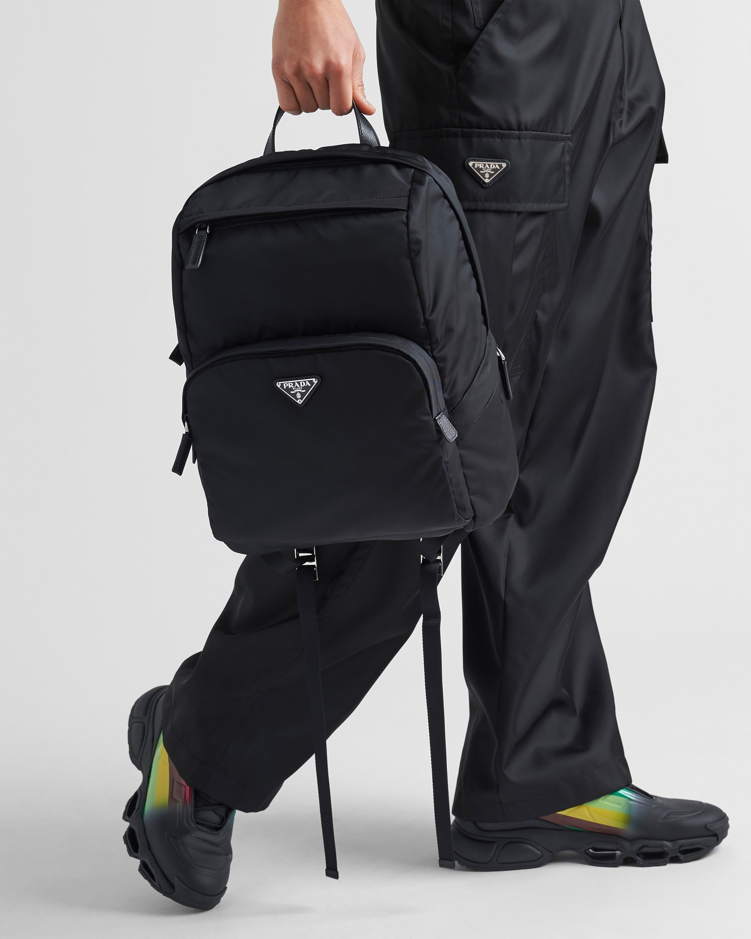Re-Nylon and Saffiano leather backpack Black