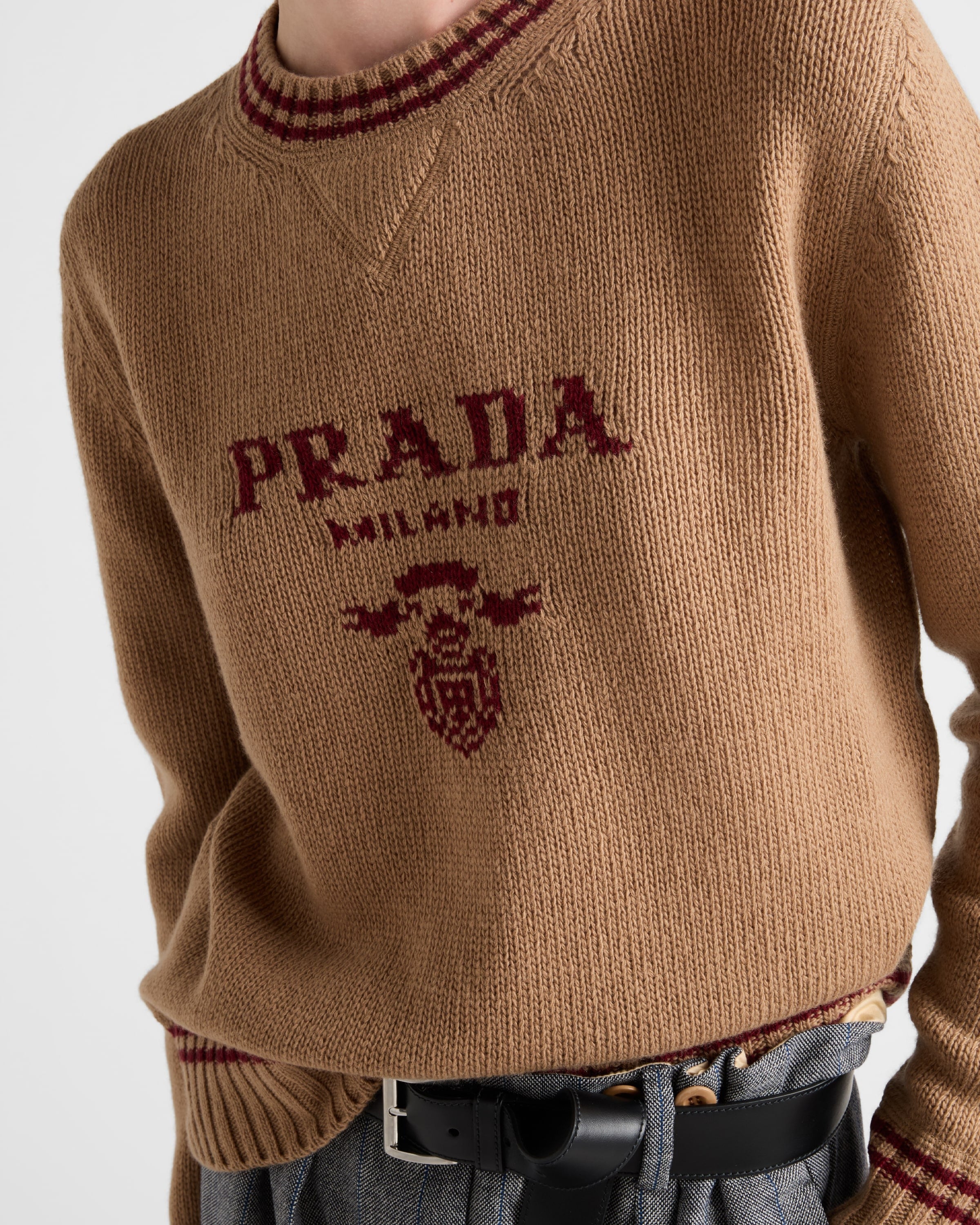 Wool and cashmere crew-neck sweater Camel/Amaranth