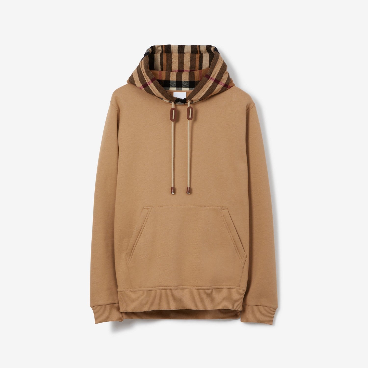 Check Trim Cotton Blend Hoodie - Camel