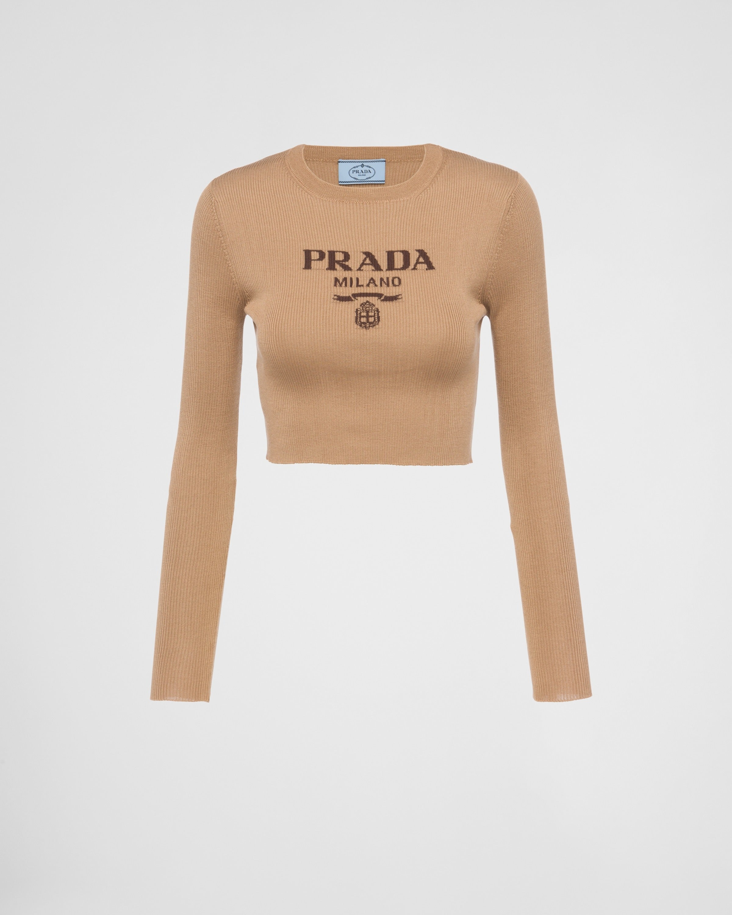 Cropped silk sweater with logo Camel Brown