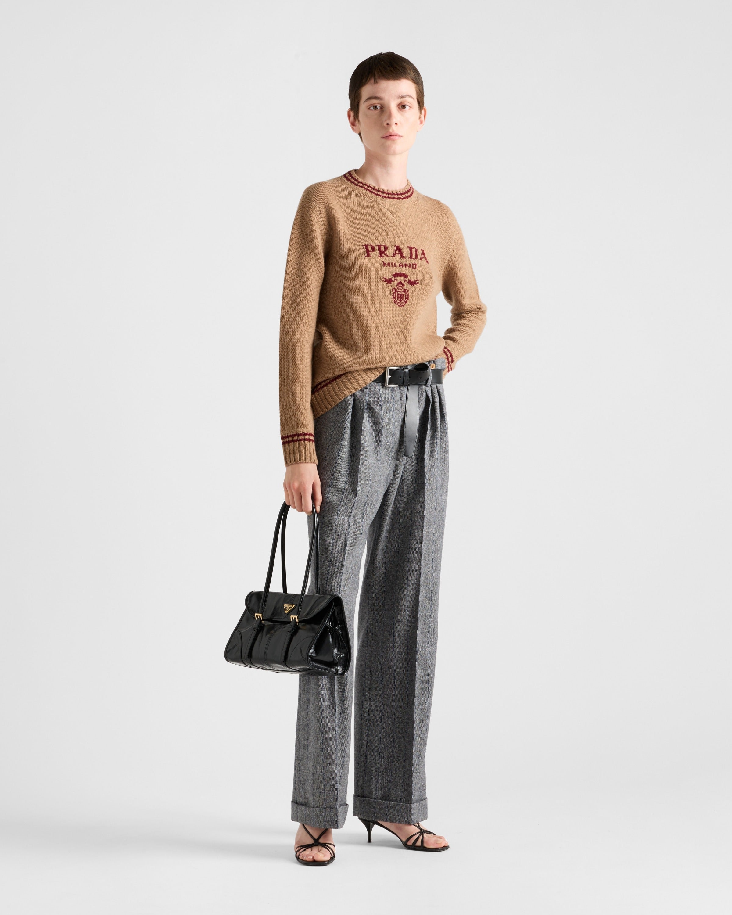 Wool and cashmere crew-neck sweater Camel/Amaranth