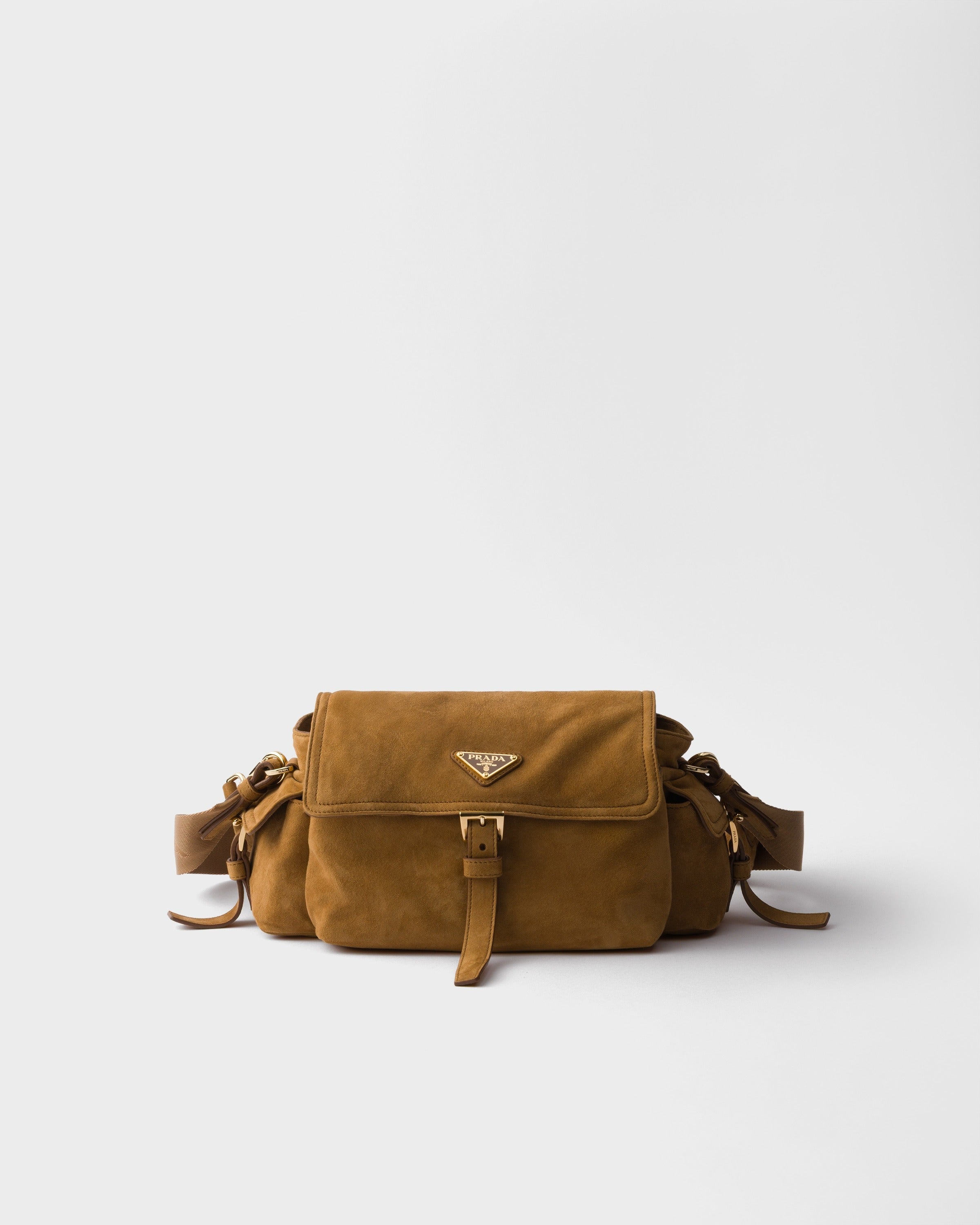 Prada Explore medium suede shoulder bag with flap Cinnamon