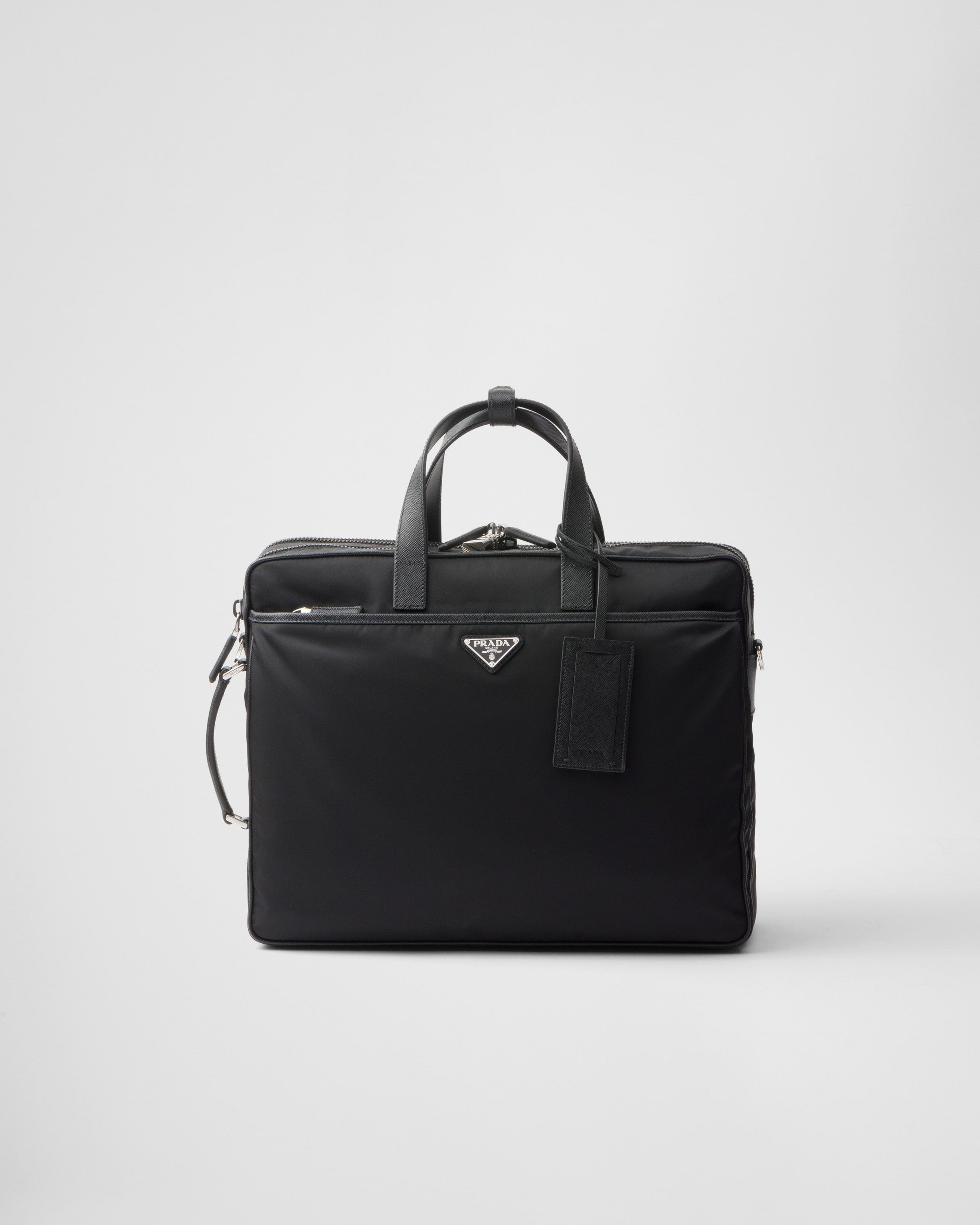 Re-Nylon and Saffiano leather briefcase Black