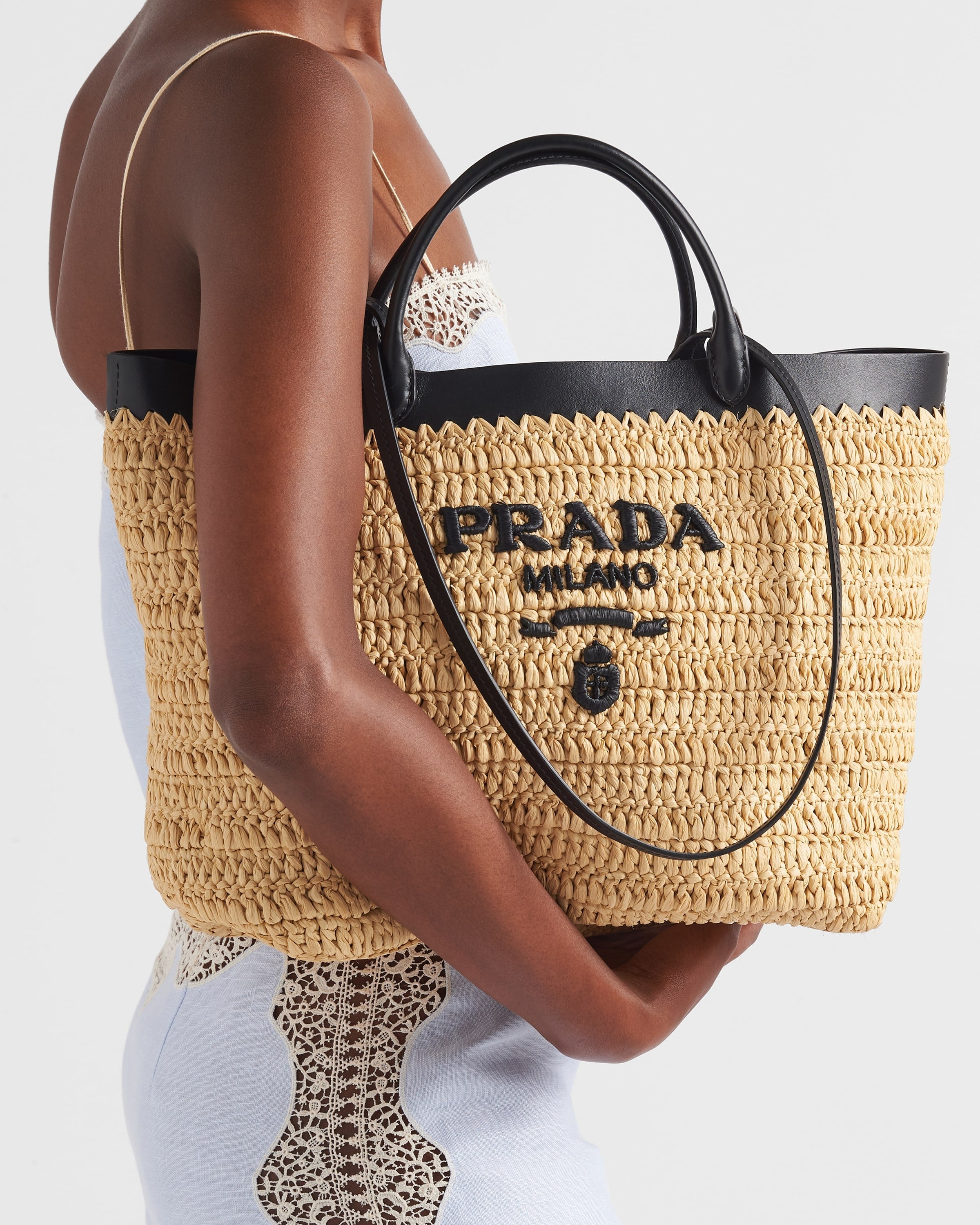 Medium crochet and leather tote bag Tan/Black
