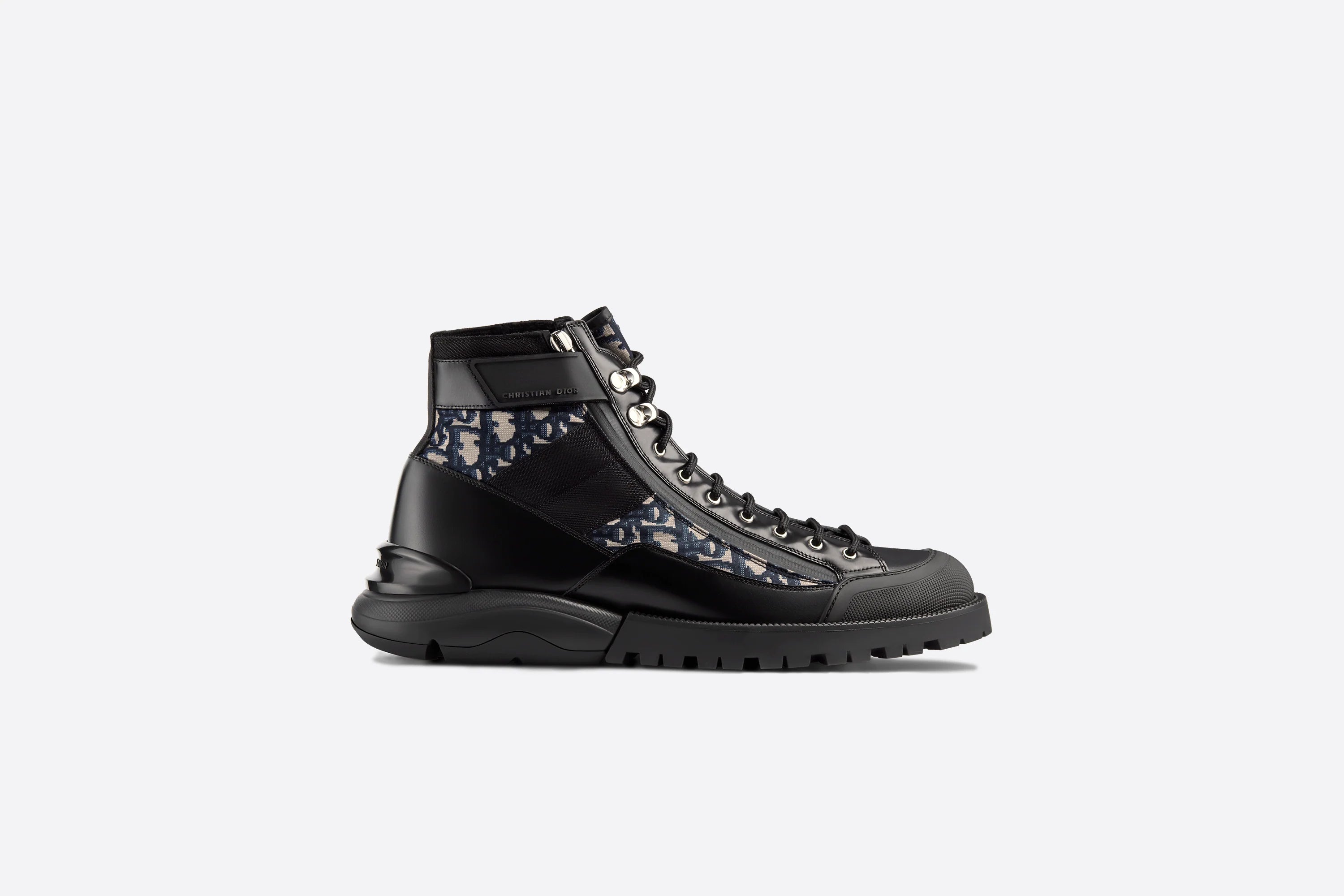 Dior COMBAT BOOT Black Smooth Calfskin with Beige and Black Dior Oblique Jacquard