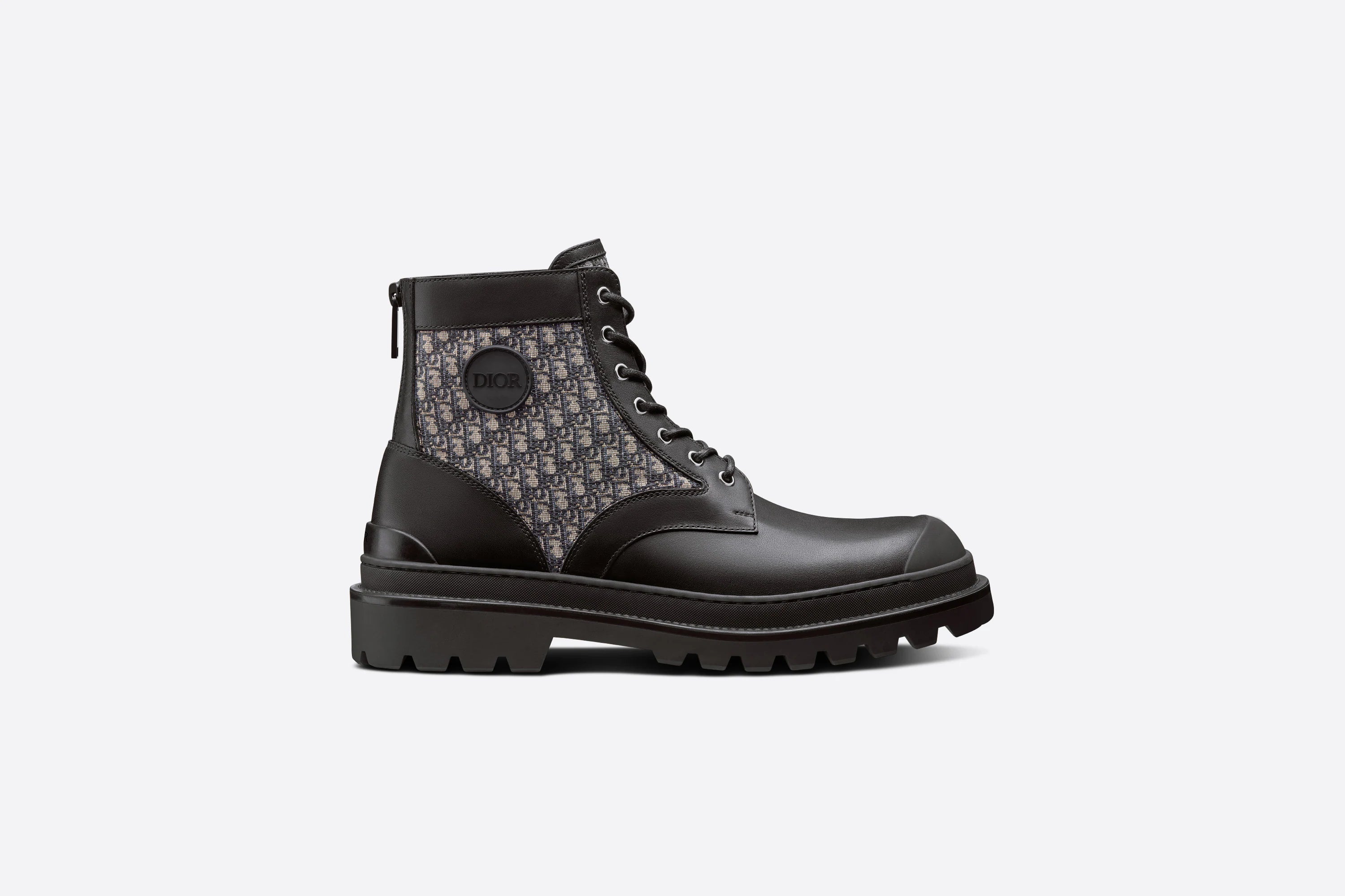 Dior DIOR EXPLORER ANKLE BOOT Black Smooth Calfskin and Beige and Black Dior Oblique Jacquard