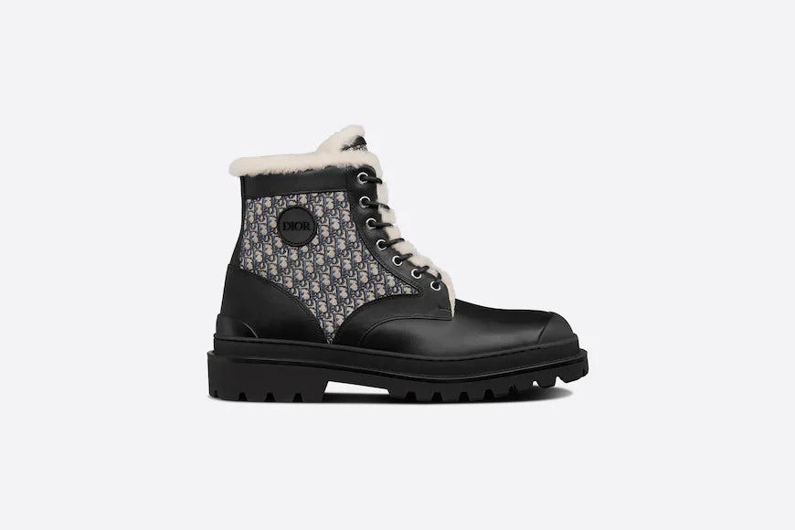 Dior DIOR EXPLORER ANKLE BOOT Black Smooth Calfskin and Beige and Black Dior Oblique Jacquard