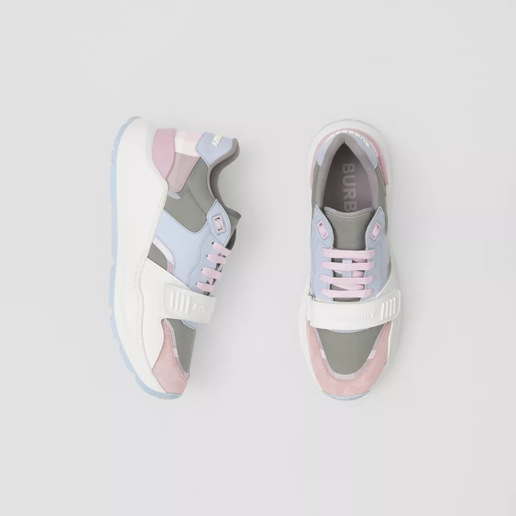 Burberry Leather, Suede and Check Nylon Sneakers Pale Grey