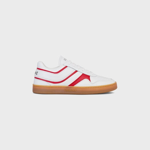 Celine Celine Trainer Low Lace-up Sneaker in Calfskin & Laminated Calfskin Optic White / Bright Red / Beige