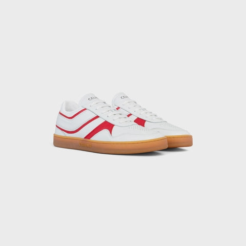 Celine Celine Trainer Low Lace-up Sneaker in Calfskin & Laminated Calfskin Optic White / Bright Red / Beige