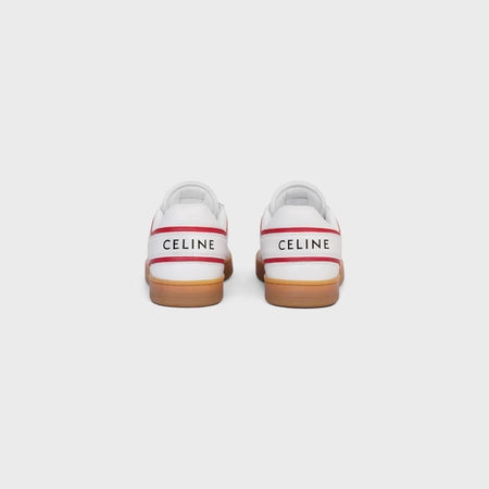 Celine Celine Trainer Low Lace-up Sneaker in Calfskin & Laminated Calfskin Optic White / Bright Red / Beige