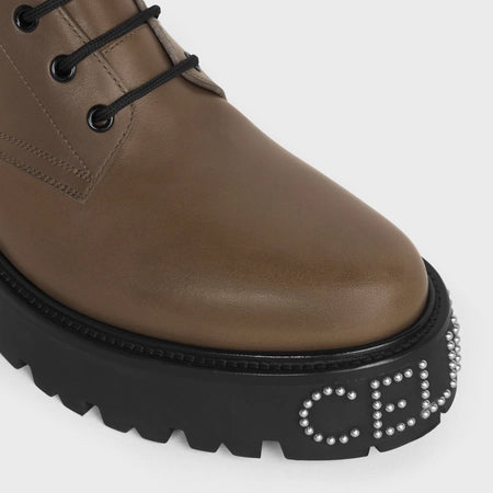 Celine Celine Bulky Lace-Up Boot With Studded Outsole In Shiny Bull Khaki