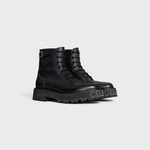 Celine Celine Bulky Lace-Up Boot With Studded Outsole In Shiny Bull Black