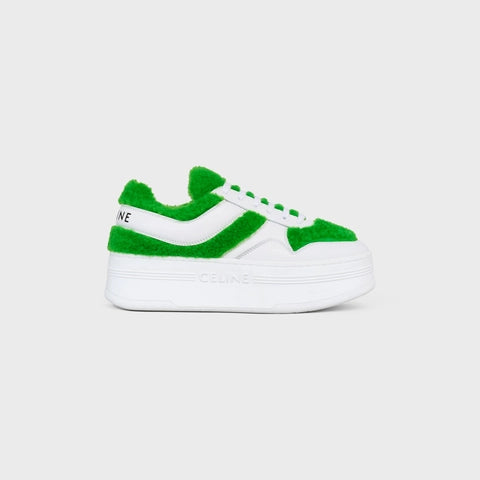 Celine Block Sneakers With Wedge in Calfskin & Shearling Optic White / Flash Green