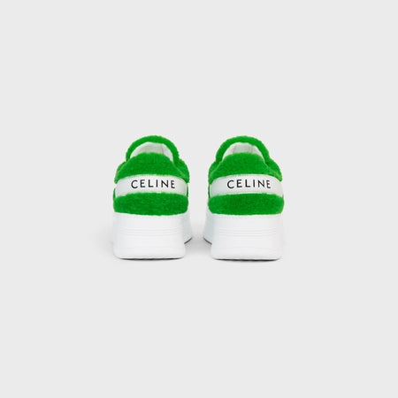 Celine Block Sneakers With Wedge in Calfskin & Shearling Optic White / Flash Green