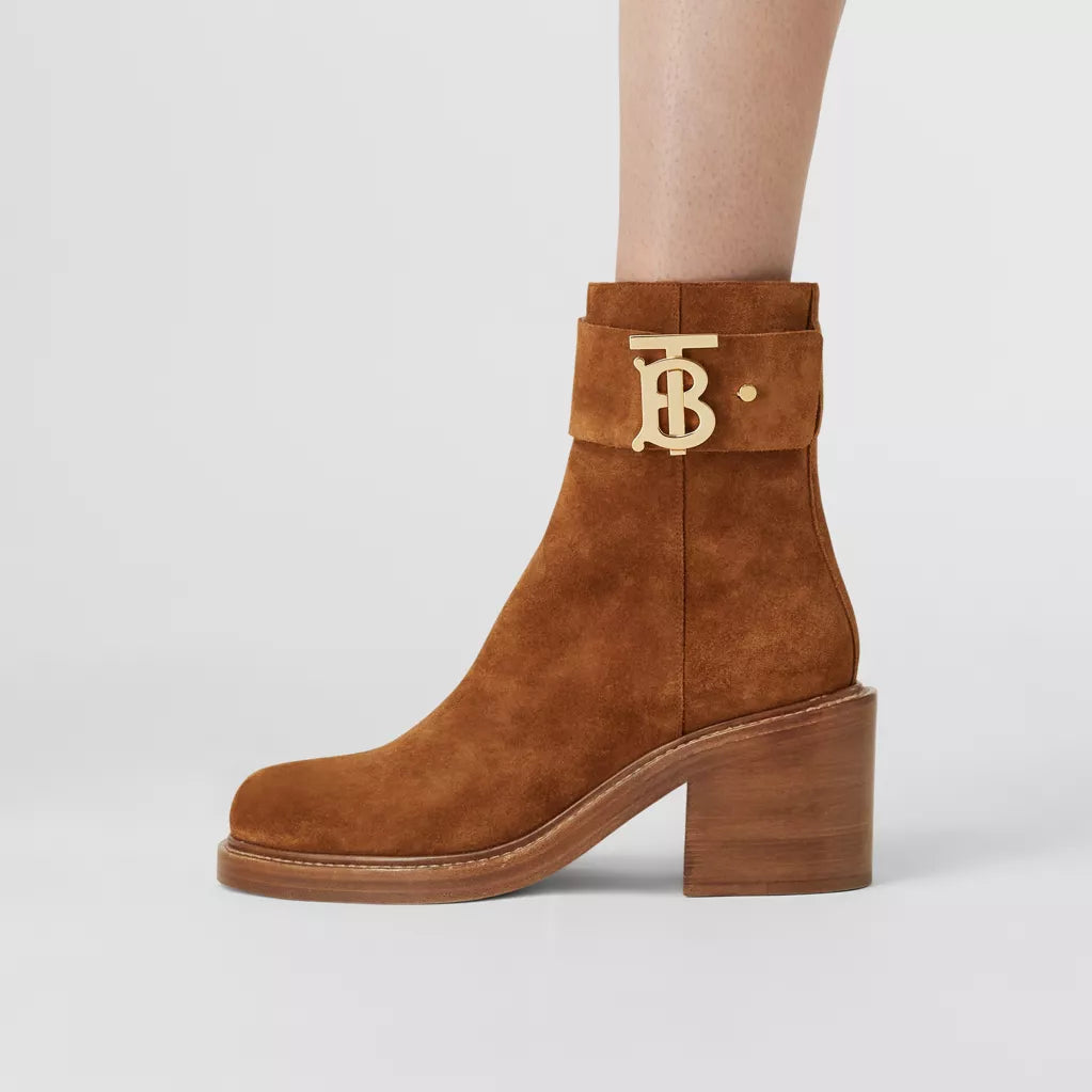 Burberry Monogram Motif Suede Block-heel Boots Chocolate