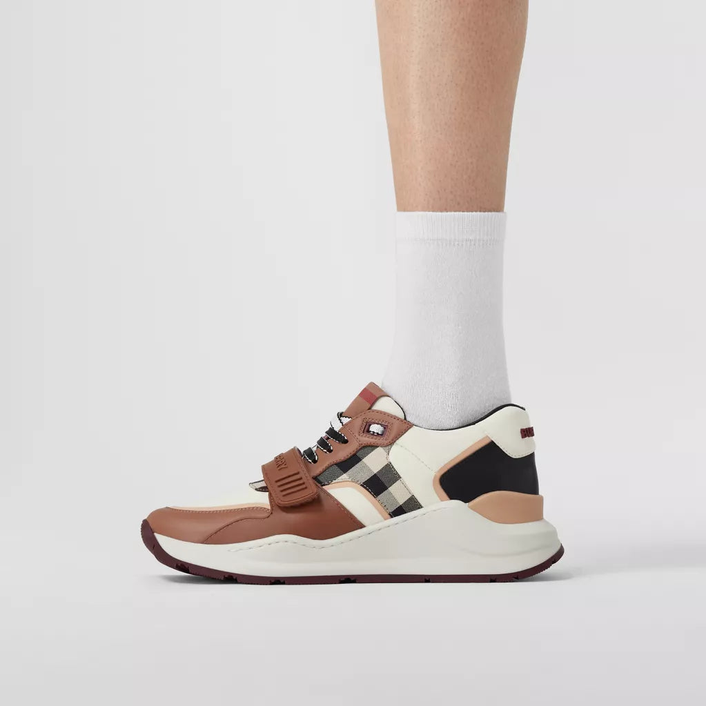 Burberry Check Cotton, Nylon and Leather Sneakers White/Birch Brown