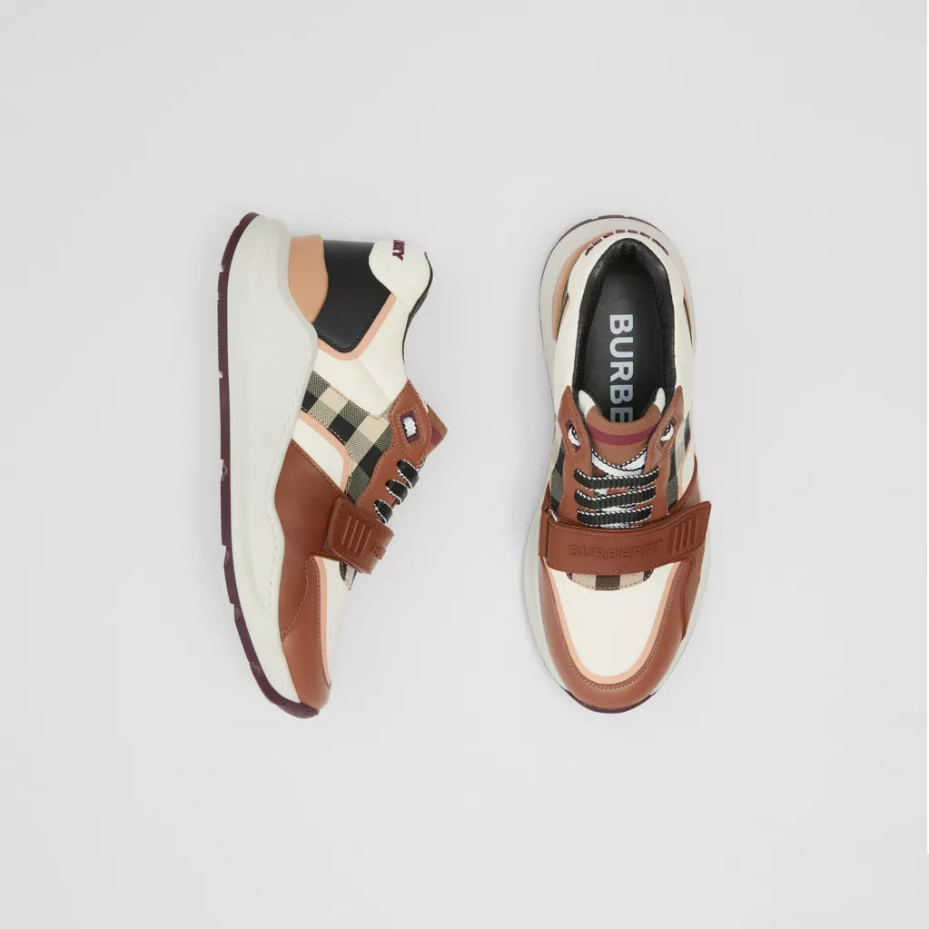 Burberry Check Cotton, Nylon and Leather Sneakers White/Birch Brown