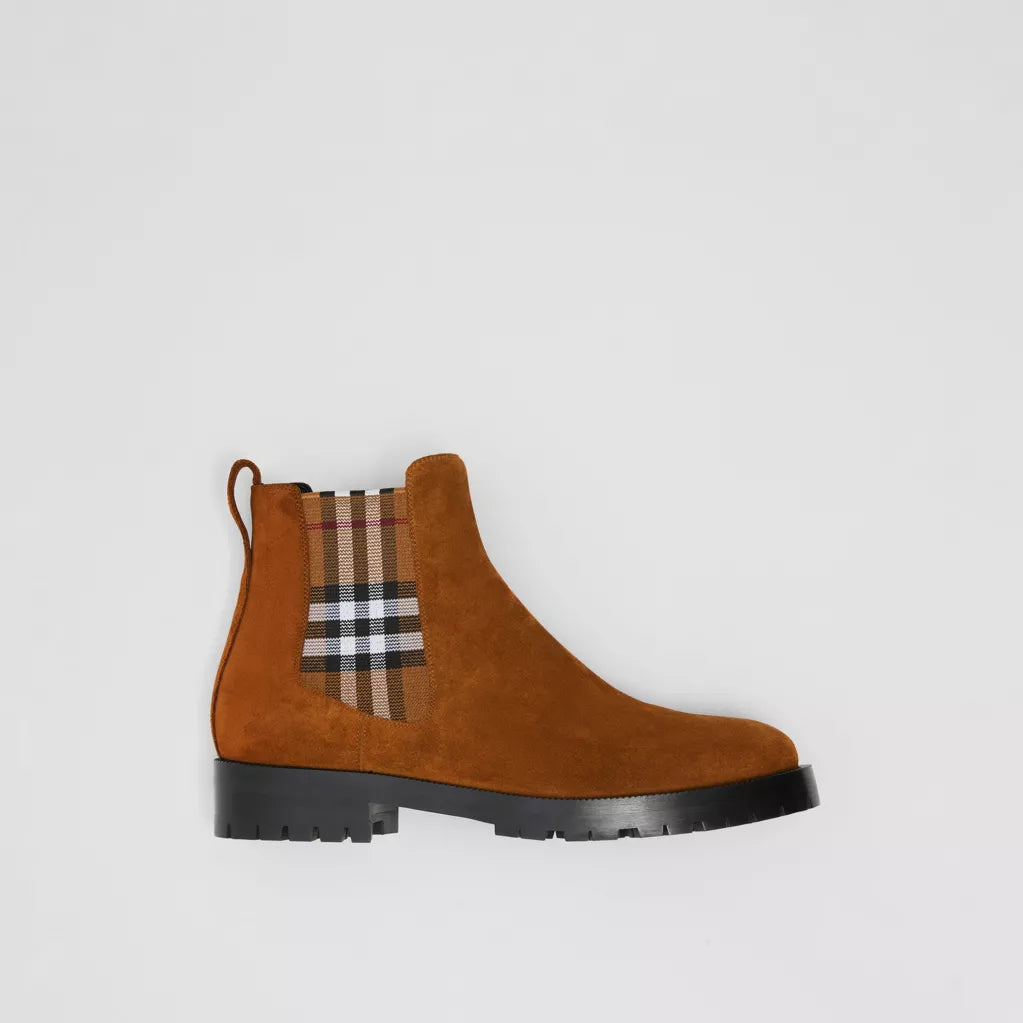 Burberry Vintage Check Detail Suede Chelsea Boots Chocolate