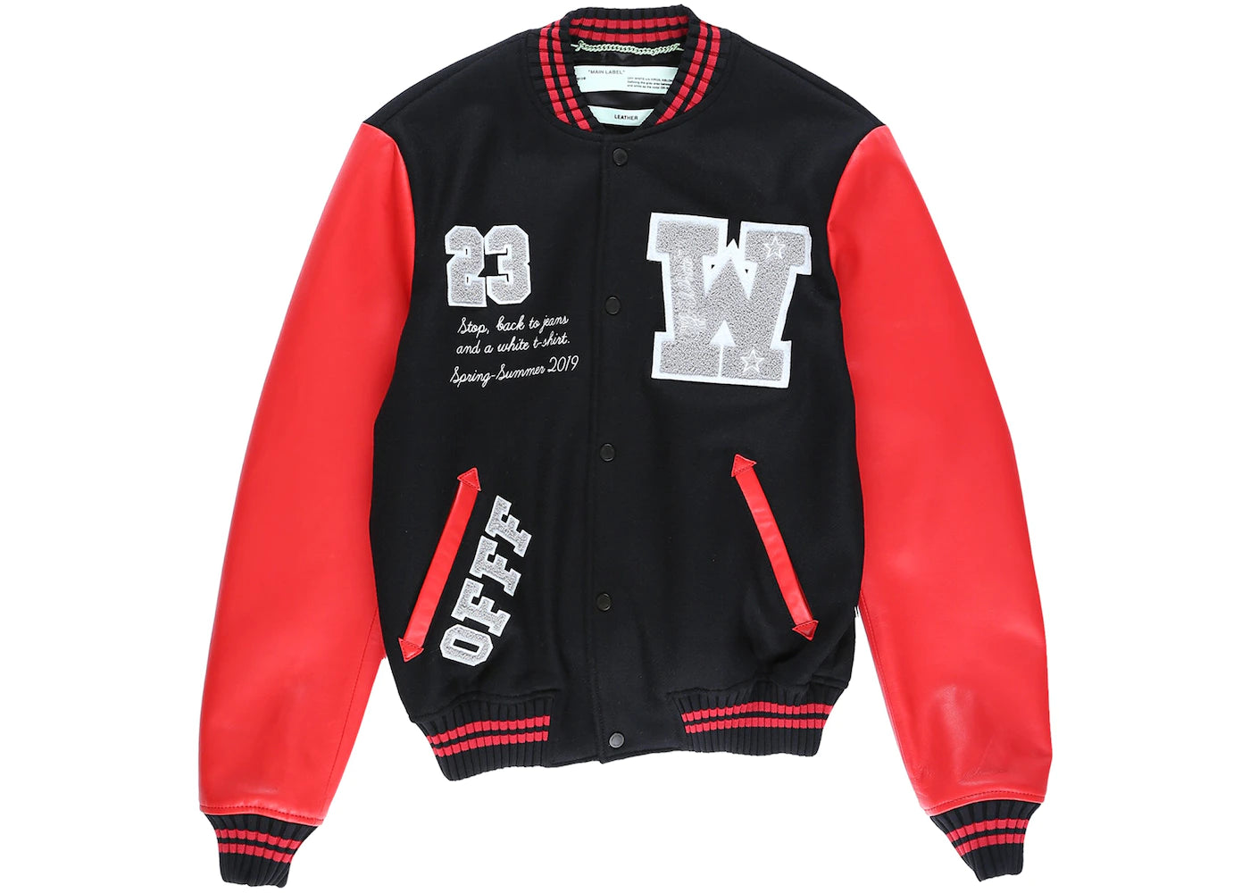 OFF-WHITE Eagle Logo Leather Sleeve Varsity Jacket Black/Red/White