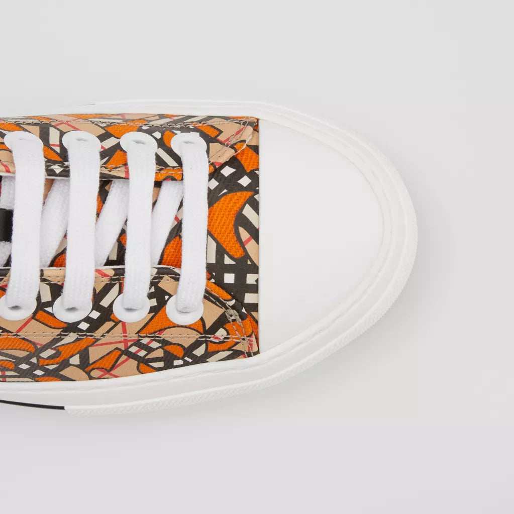 Burberry Monogram Print Linen Cotton Canvas Sneakers Bright Orange