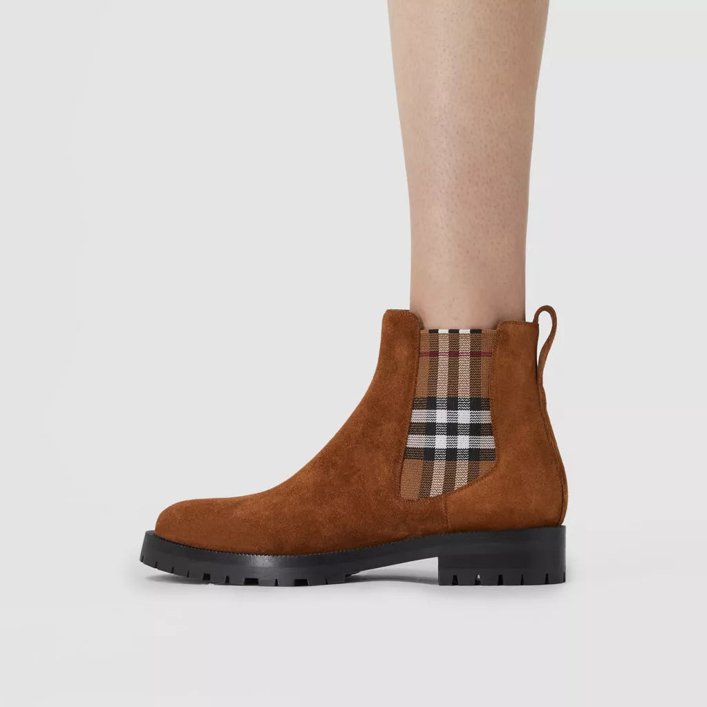 Burberry Vintage Check Detail Suede Chelsea Boots Chocolate