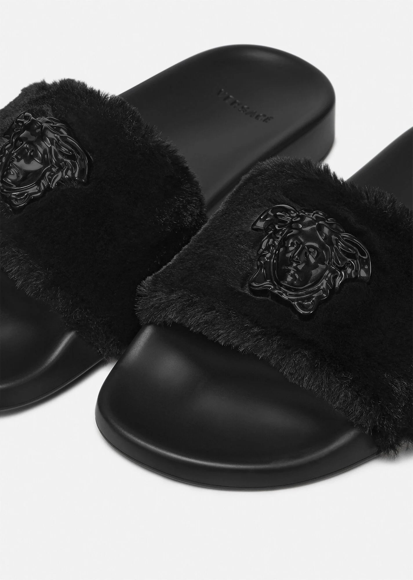Versace LA MEDUSA FAUX FUR SLIDERS BLACK