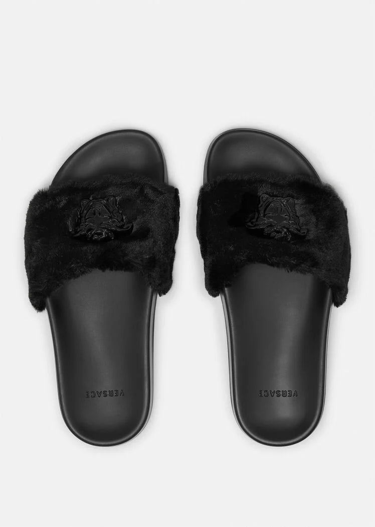 Versace LA MEDUSA FAUX FUR SLIDERS BLACK