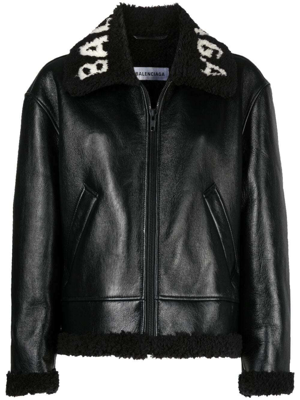 Balenciaga logo-collar zip-up shearling jacket
