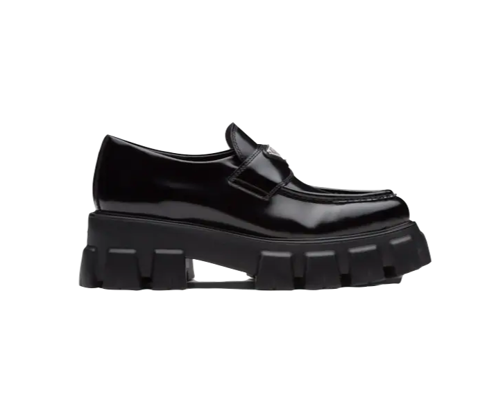 Prada Monolith pointy brushed leather loafers